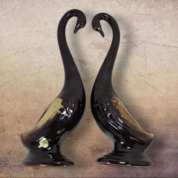 Vintage Japan Redware Pottery Swan Figurines Set 2 Brown Drip Glaze Mid Century - Picture 5 of 12